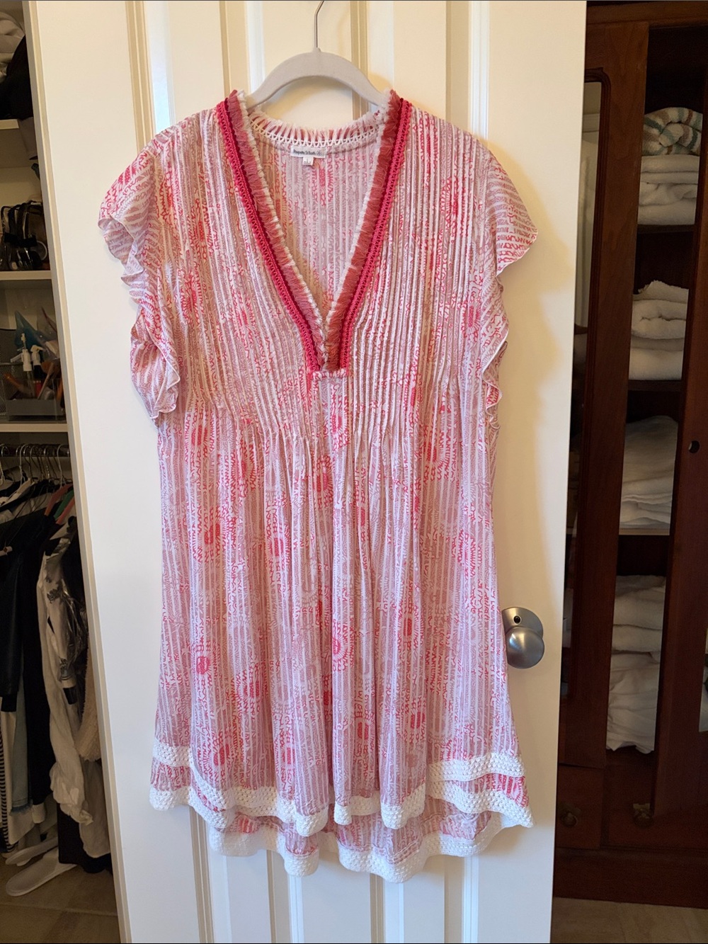 Poupette St. Barth Pink and White Printed V-Neck Casual Dress